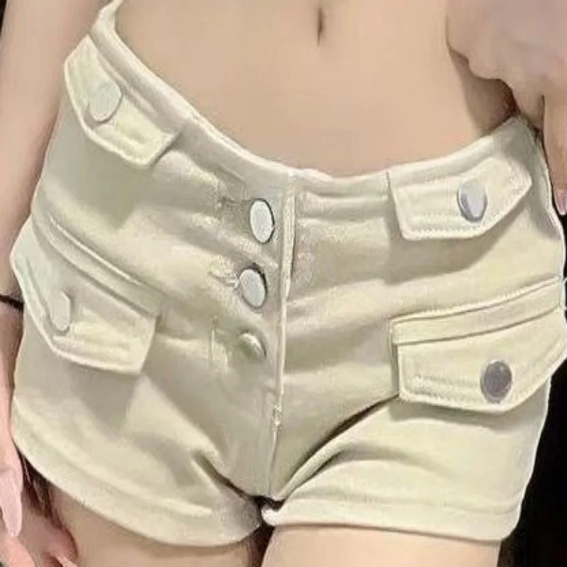 2026 Spring/Summer Small Low Waist Buckle Multi Pocket Slimming Straight Leg Cowboy Shorts