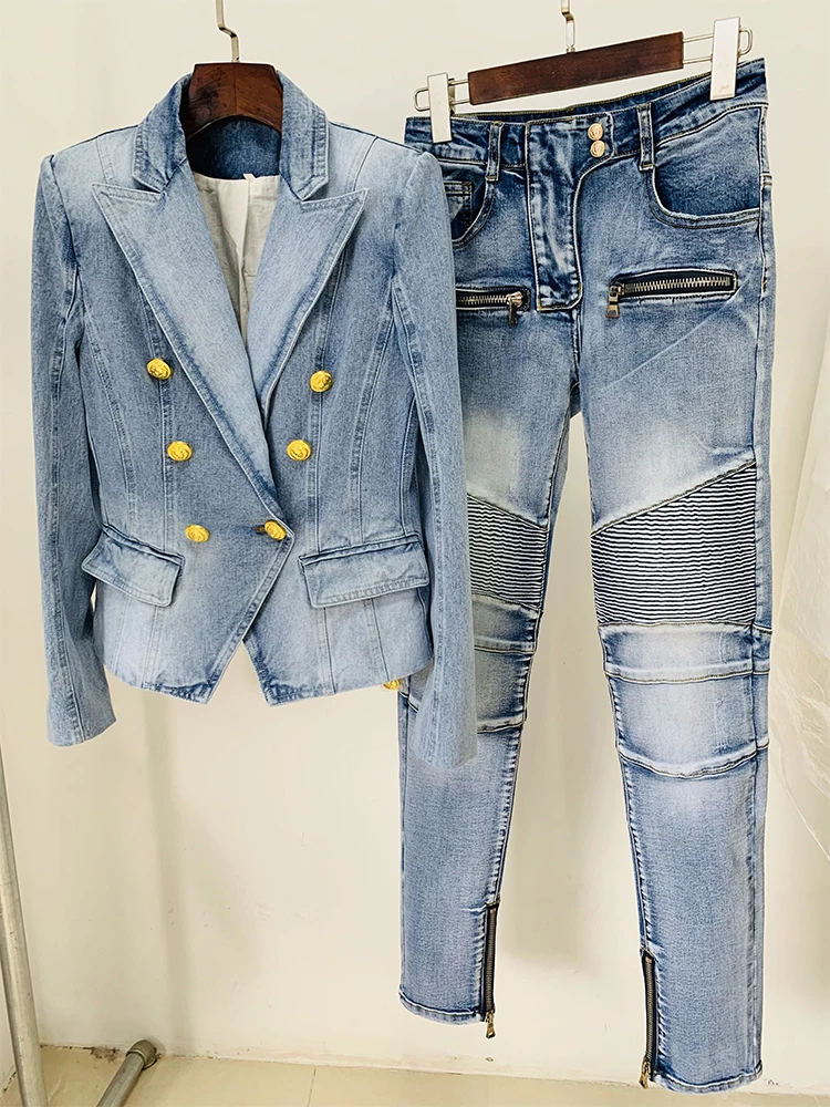 HIGH QUALITY 2024 Newest Designer Runway Suit Set Women\'s Lion Buttons Denim Blazer Jeans Pants Suit