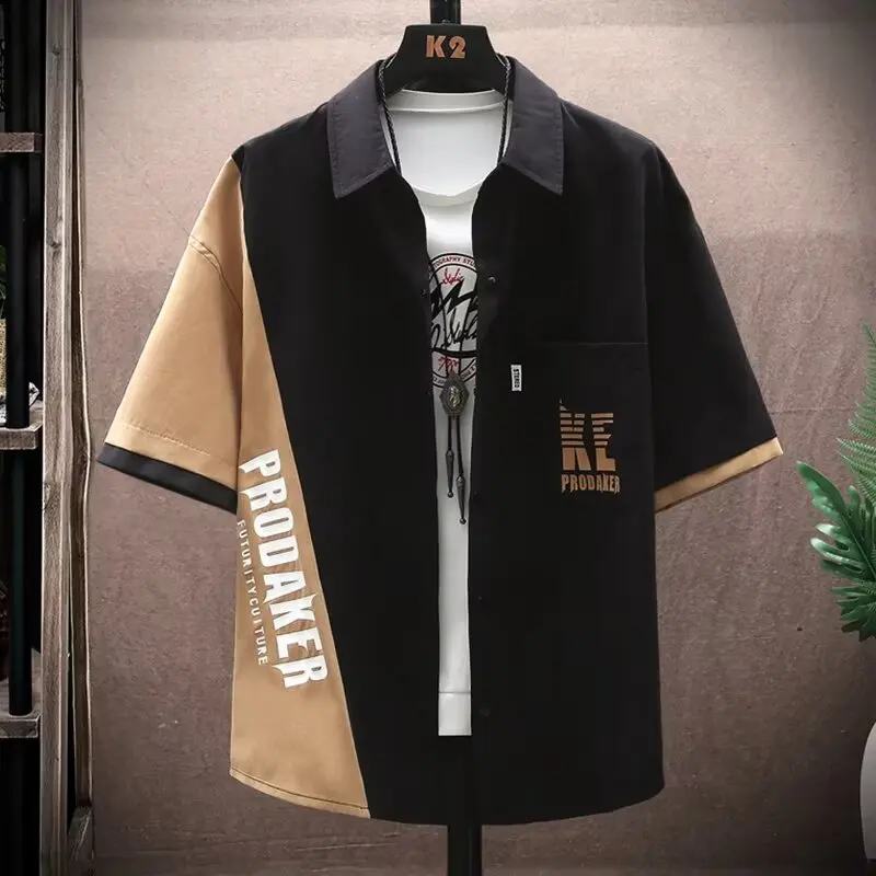 New Shirts for Men Patchwork Graphic T-shirts Men's Clothing Summer Casual Short Sleeved Daily Street Tops Loose Oversized Shirt