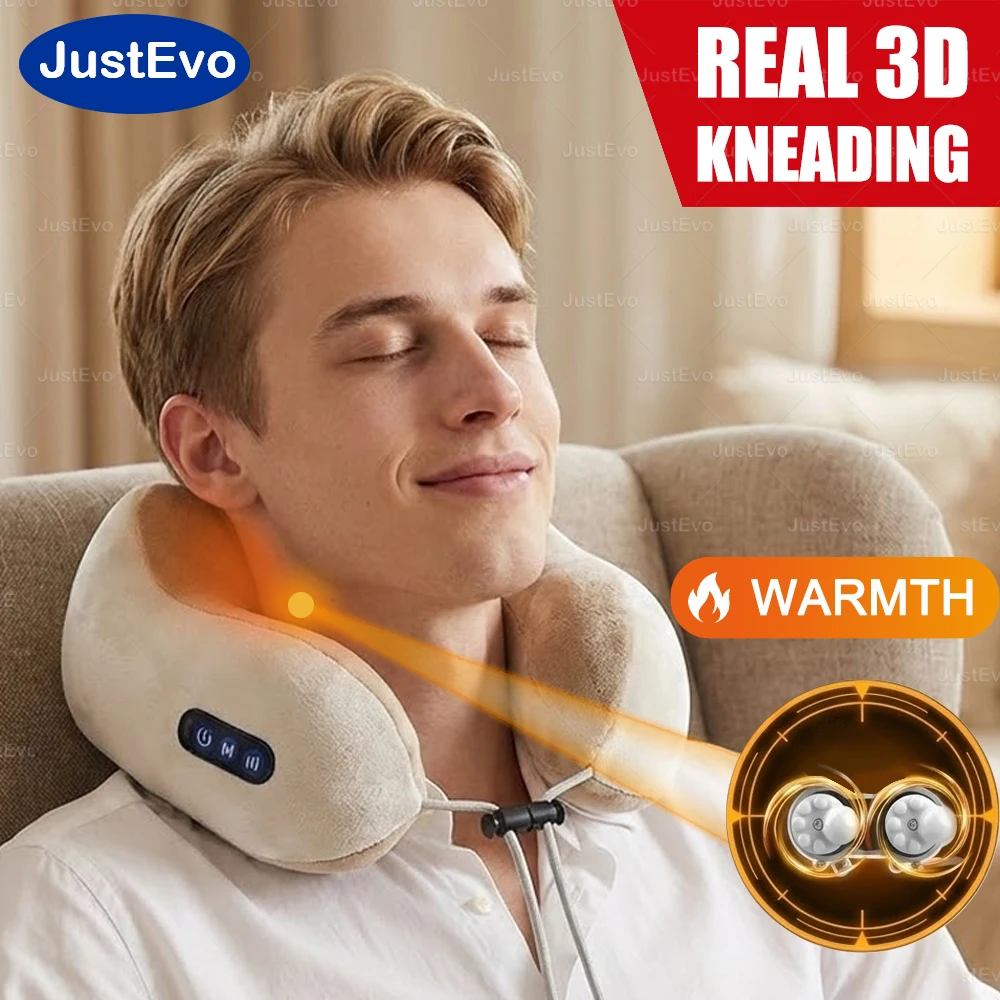 JustEvo Elektrisches Nackenmassagekissen, U-förmig, aus langsam zurückfederndem Memory-Schaum, 3D-Knetfunktion, Reisekissen mit Wärmefunktion, 2-Wege-Rotation, Typ-C wiederaufladbar, für Auto, Büro,