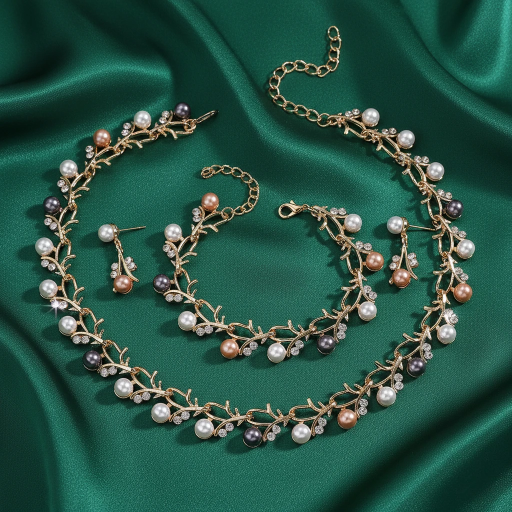 4-teiliges trendiges Perlenschmuckset für Damen, silberfarben, elegante Halskette, goldene Ohrringe, Armband, Party-Geschenk