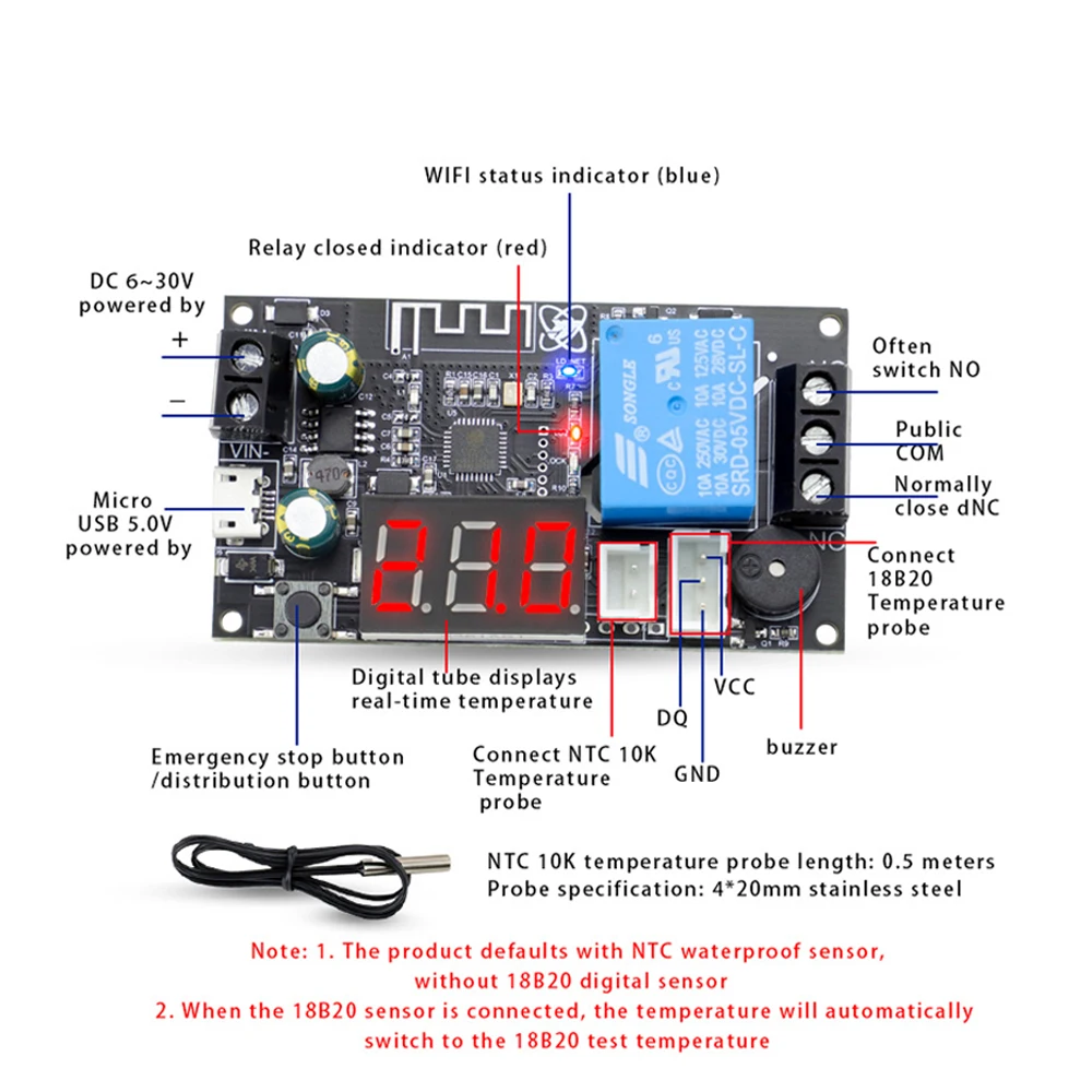 Pilot WIFI termostat DC6-30V precyzyjnego modułu pobierania regulatora temperatury, tryb chłodzenia