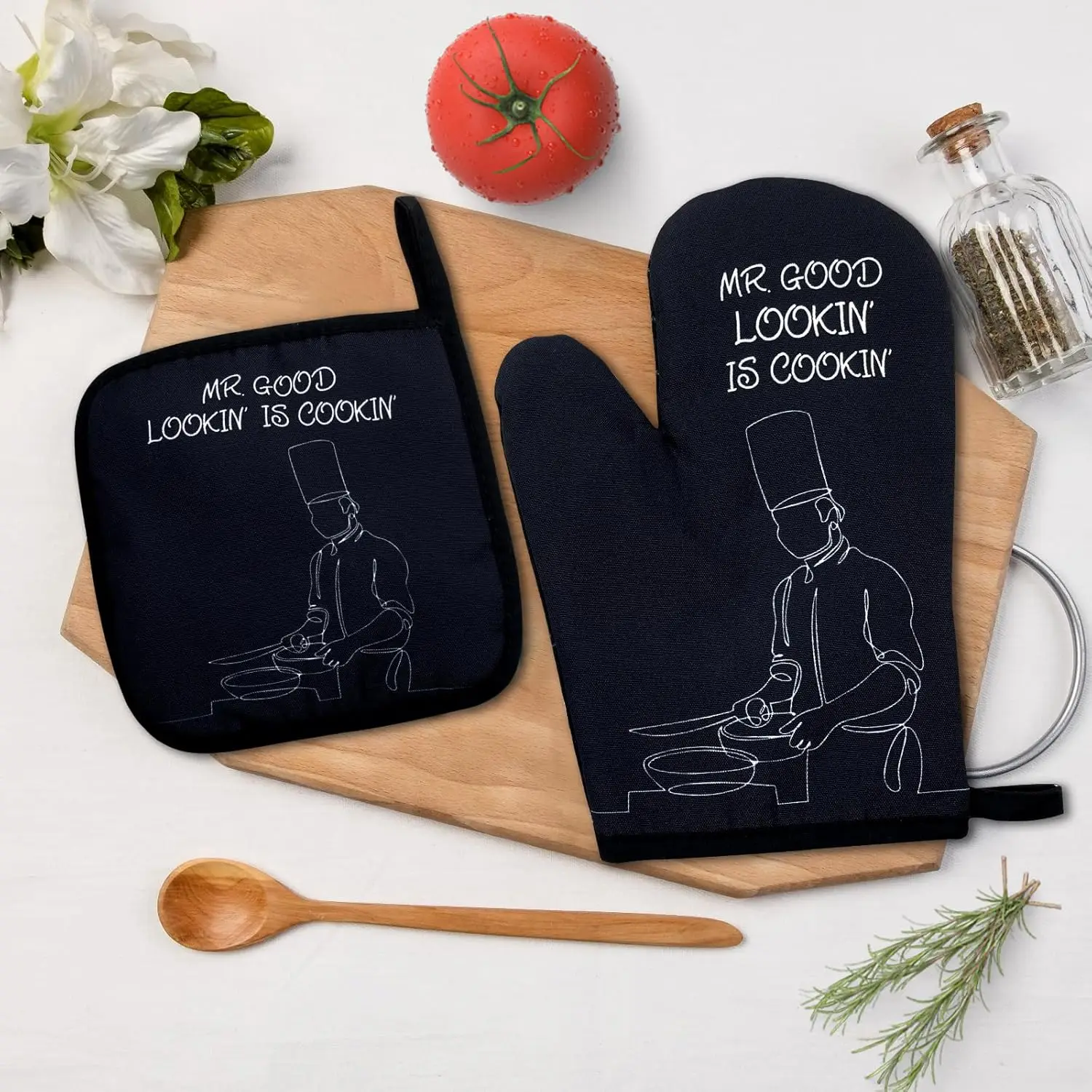 Mr.Good Looking is Cooking,Funny Oven Mitts and Pot Holders Sets of 2 Non-Slip Oven Mitts,Kitchen Gift for Men Cooking Baking