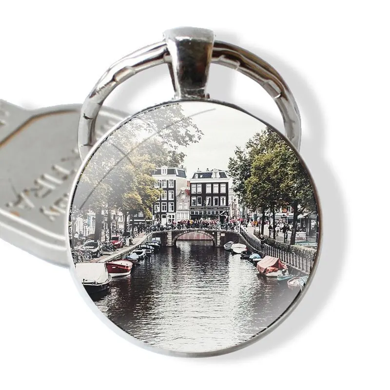 Travelling Amsterdam The Netherlands Amazing glass cabochon keychain Car key chain Charms keychains Gifts Mobile Phone Cover Bag