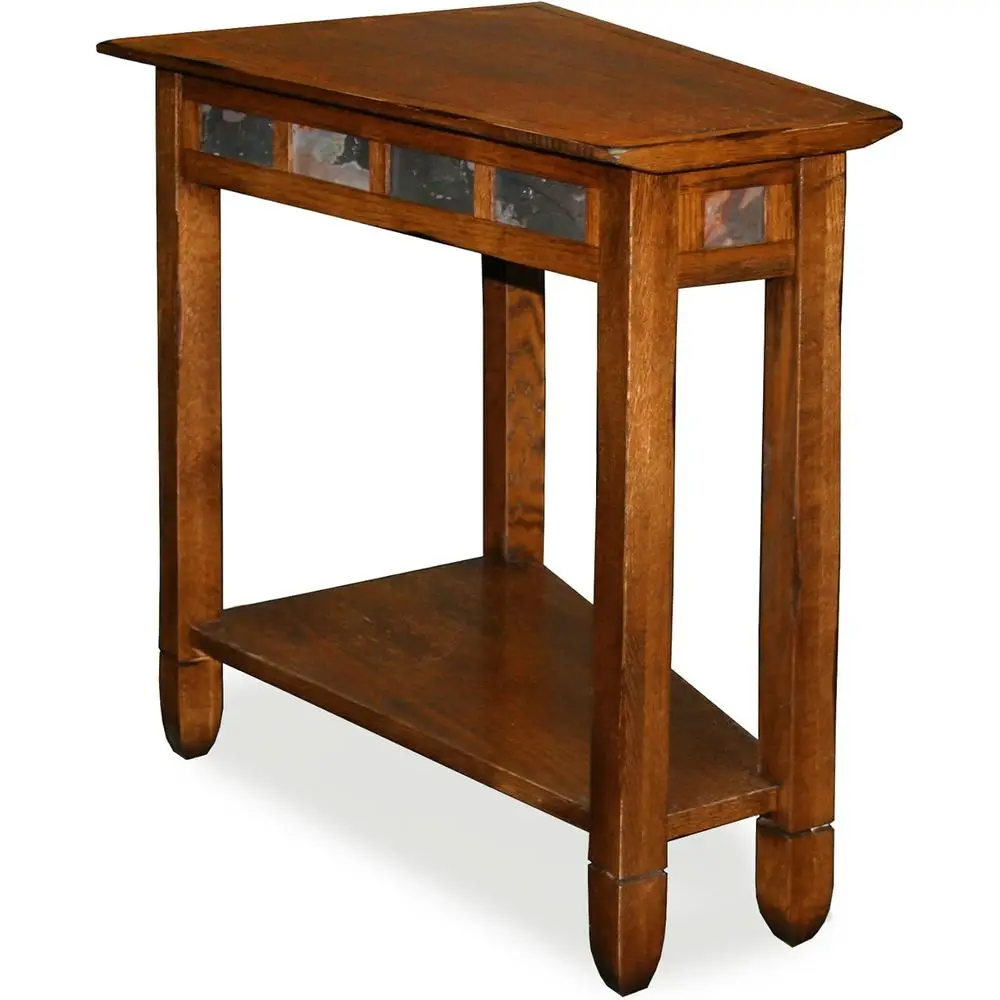

Rustic Oak Narrow Wedge End Table with Tile Inset and Bottom Shelf, Easy Assembly, 23.5L x 17W x 24H inches