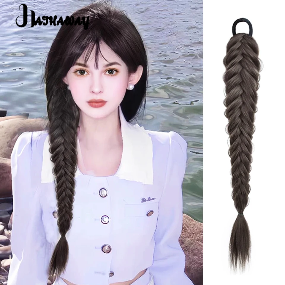 

20 Inch Ponytail Women Synthetic Fluffy Natural Fishbone Braided Hair Sweet Double Ponytail Hair Extension Wig Long Braid