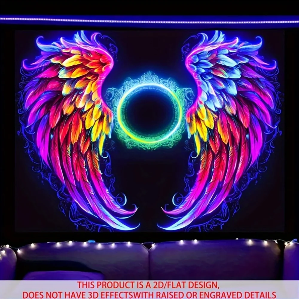 1pc Neon Glow Angel Wings Blacklight Tapestry, UV Reactive Fluorescent Wall Hanging for Bedroom Living Room Home Decor