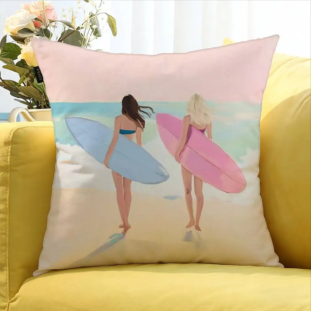 Surfboard Surfing Art Surf Girl   Various Sizes Square Pillow Case For Car Home Bedchamber Decor