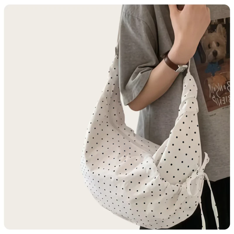 Korean-Style Women's White, Black, and Red Polka Dot Nylon Adjustable Shoulder Strap Drawstring Design Lightweight Large Capacity Hobo Shoulder Bag