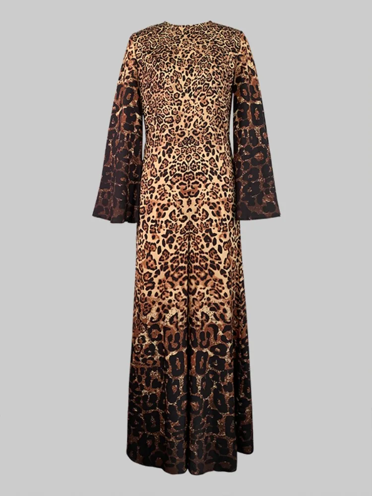 Yeuzzi moda donna tute a gamba larga stampate leopardate 2024 nuovo autunno maniche svasate girocollo eleganti abiti da sera per feste