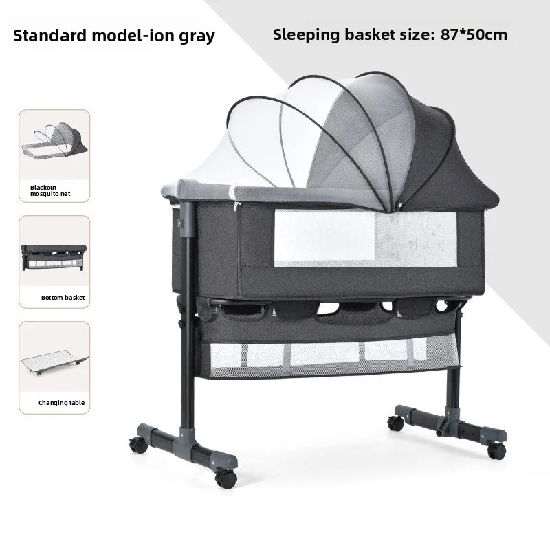 Multifunctional Metal Baby Crib - Portable Foldable Co-Sleeper Bed for Newborns, Movable Bassinet Attachable to Adult Bed