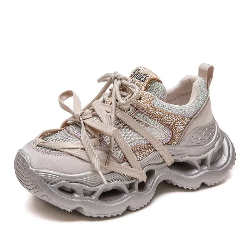 

Женские повседневные кроссовки на платформе с толстой подошвой 6,5 см, летние дышащие сетчатые туфли разного цвета со стразами, увеличивающие рост