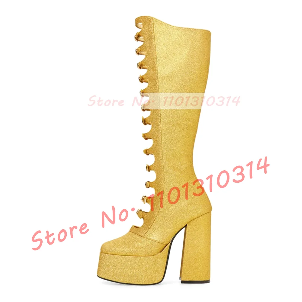 Punk Gold Glitter Strappy Platform Boots donna Sparkly Round Toe Belt Buckle stivali alti al ginocchio donna Party Side-zip Cutout Shoes