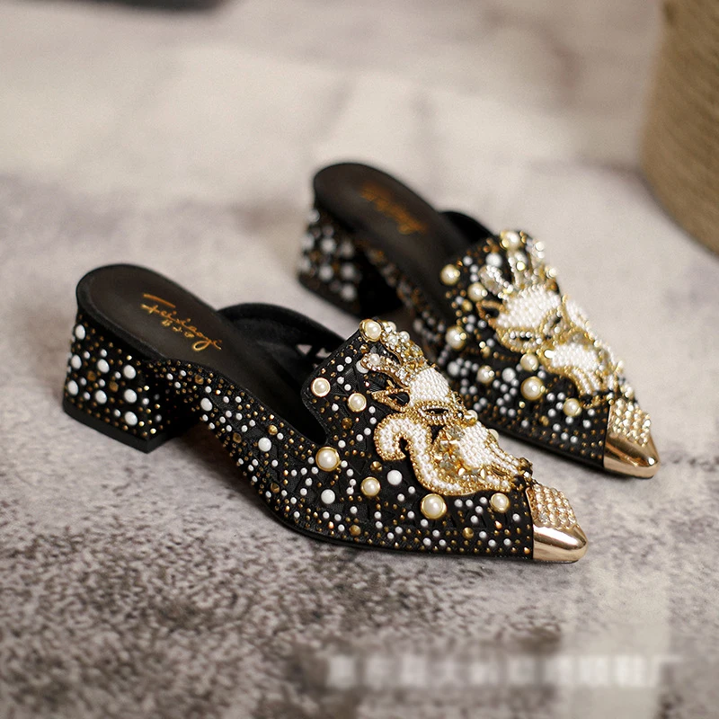 European Summer Shoes for Women Luxury Sandals Hollow Out Pearl Rhinestone Fox Heels Slipper Girl Street Fashion Pumps image 6