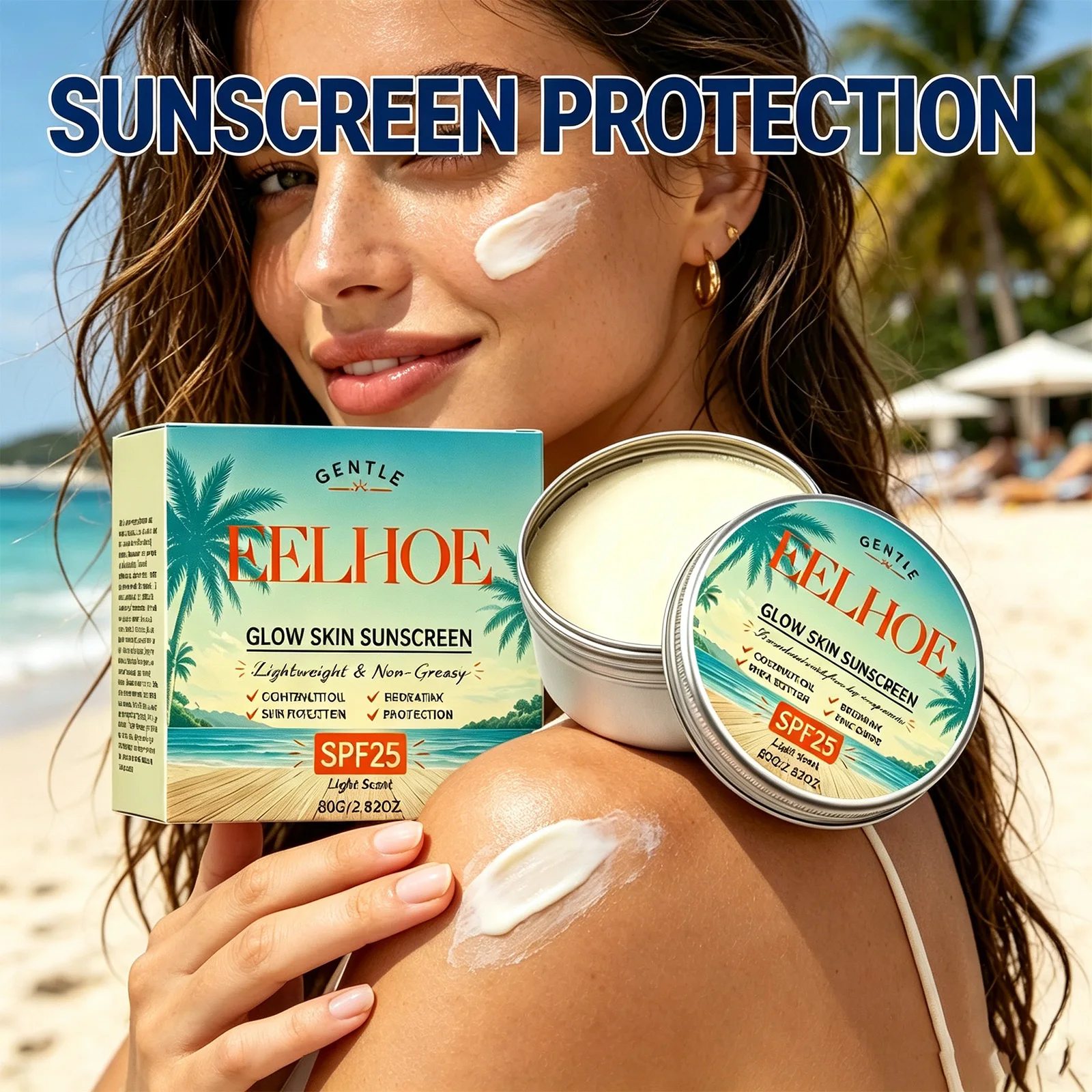 Glow Skin Sunscreen SPF 25 Waterproof Moisturizing Lightweight Non Greasy Coconut Oil Shea Butter Face Body Daily Care 80g