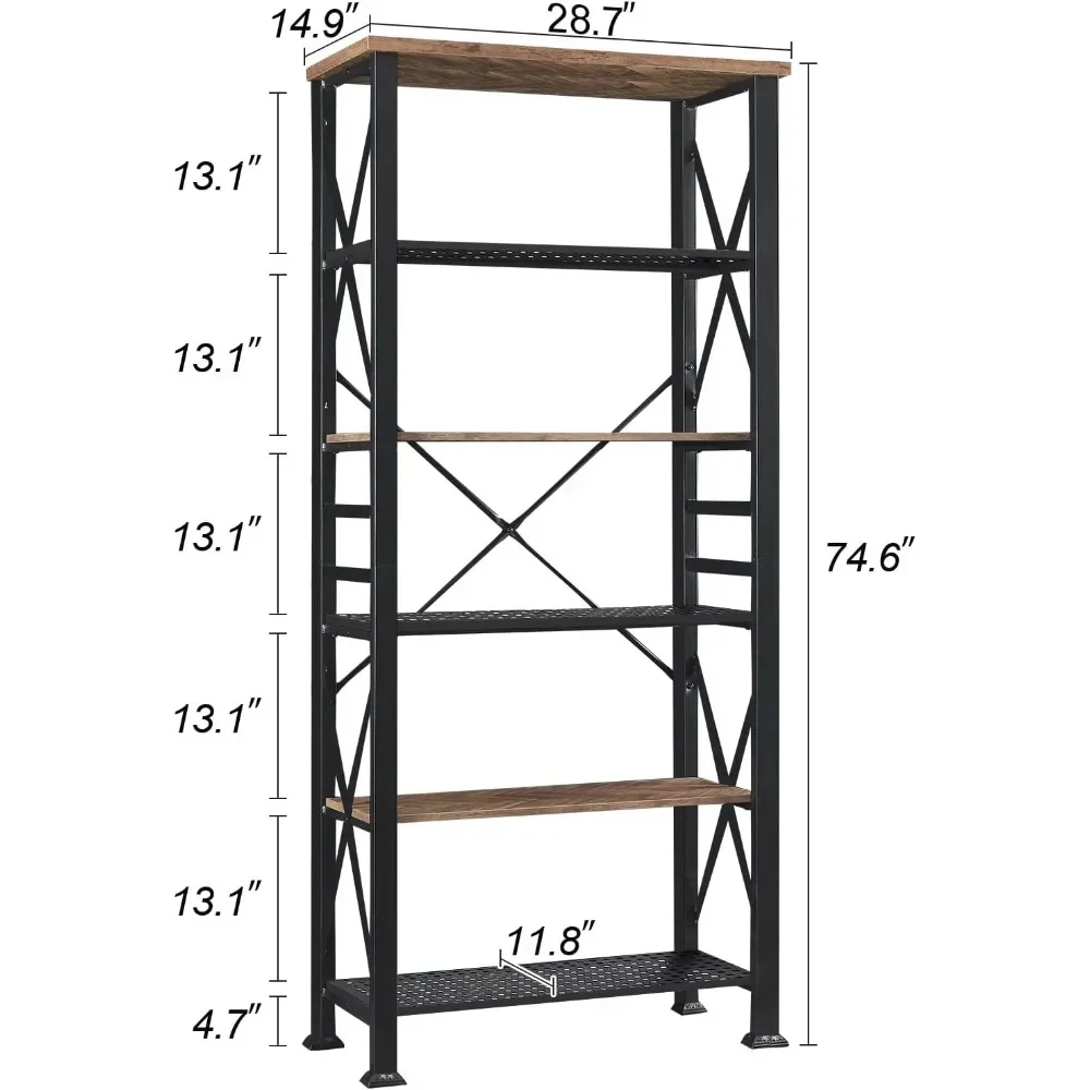 Bookshelves, 6-tier industrial bookshelves, bookcases and bookshelves for living rooms, bedrooms and home offices, brown