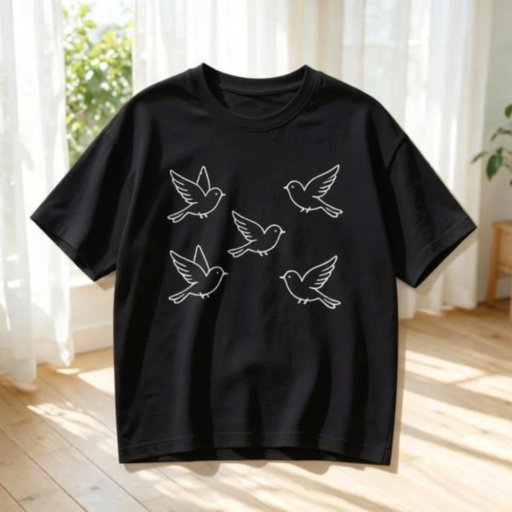 Hot Sale Pigeon Print Women Tee Short Sleeve O-neck High Qaulity Fabric Top Selection Breathable Refresh Young People Choice Tee