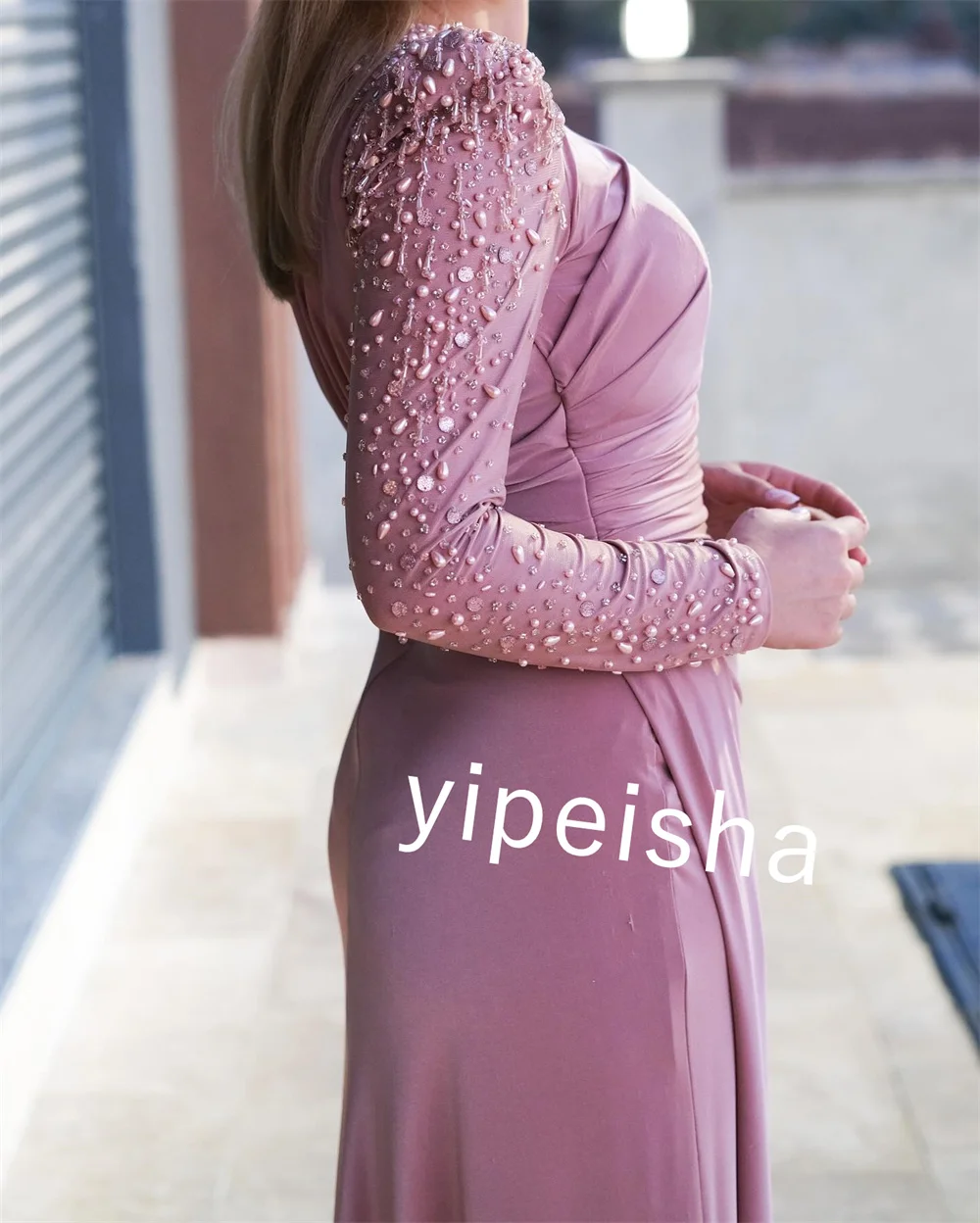 Customized Exquisite Jersey Sequined Beading Ruched A-line High Collar Long Dresses Prom Dresses Modern Style Pastrol Unisex Chi