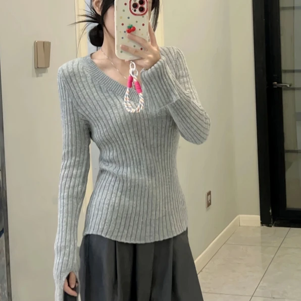 المرأة رمادي الخامس الرقبة متماسكة سترة سليم صالح كم طويل قاعدة طبقة الكورية عادية شيك حار فتاة الخريف الشتاء بلوزات على الموضة