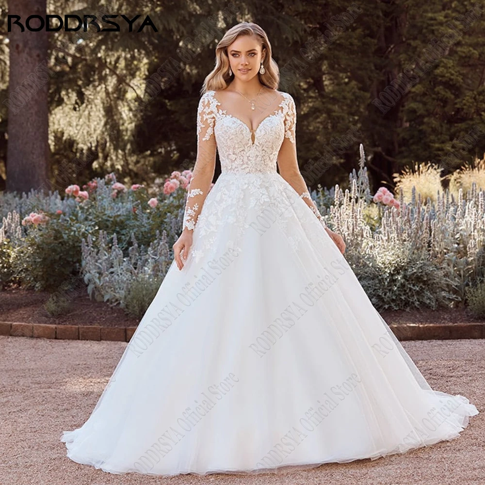 RODDRSYA Elegante Brautkleider Neu 2023 A-Linie Lange Ärmel V-Ausschnitt BrautkleiRoddrsya elegante Hochzeits kleider neue A-Linie lange Ärmel V-Ausschnitt Brautkleider Spitze Applikation A-Linie Tüll Vestidos de Novia