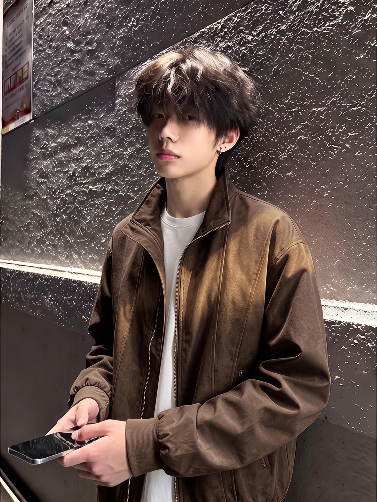 Men's Short PU Leather Jacket Autumn Season Baseball Style Waterproof Stand Collar Zipper Decorated Loose Fit Anti-Wrinkle