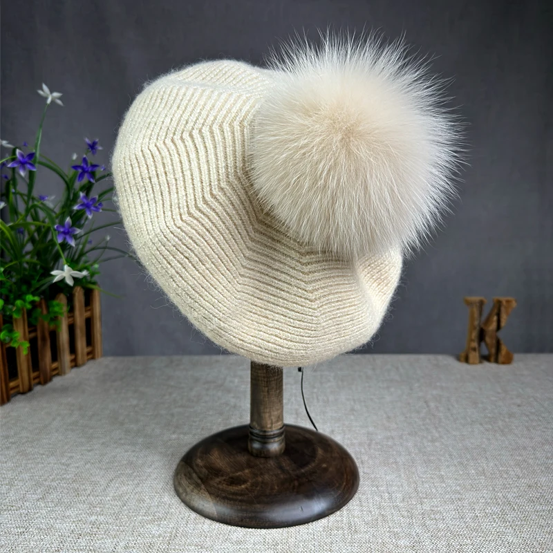 2024 New Women\'s AutumnWinter Versatile Fox Hair Ball Knitted Hat Rabbit Hair Knitted Beret Ear Protector Warm Headcap