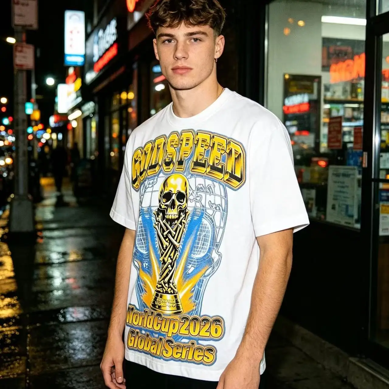 Godspeed American Retro Skull Trophy Pure Cotton Loose Fit Short Sleeve T-Shirt Streetwear Hip Hop Style Youthful Trendy Top