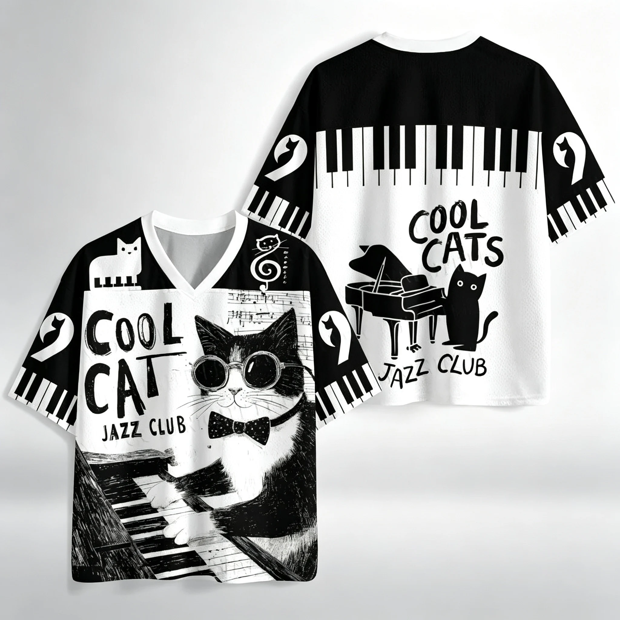Vintage Cool Cat Jazz Club Piano Artwork V Neck Tee Unisex Short Sleeve Casual Tee for Music Event Daily Wear Evening Gathering