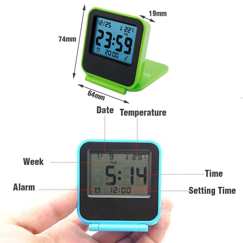 Digital Desk Clock Alarm Clock Bedside Square Shape Foldable Cover and Stand Portable Travel Camping Temperature