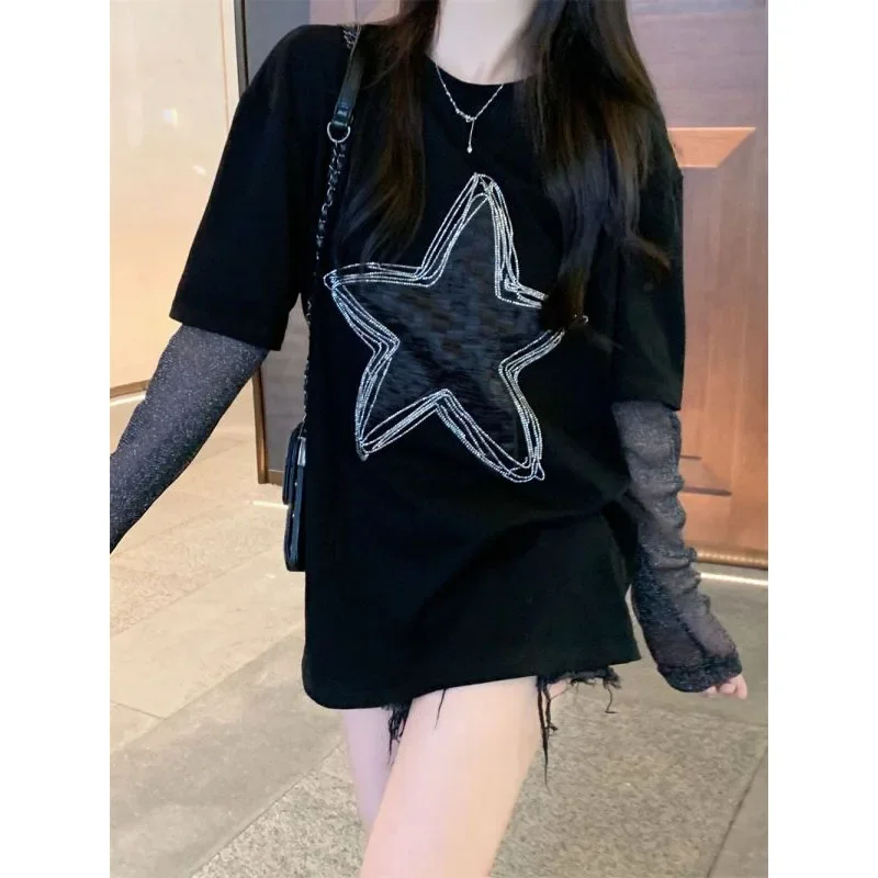 

Minimalist 2024 Summer New Women's Crew Neck Stars Diamonds Casual Spliced Gauze Long Sleeve Fashion Loose Sweet T-shirt Tops