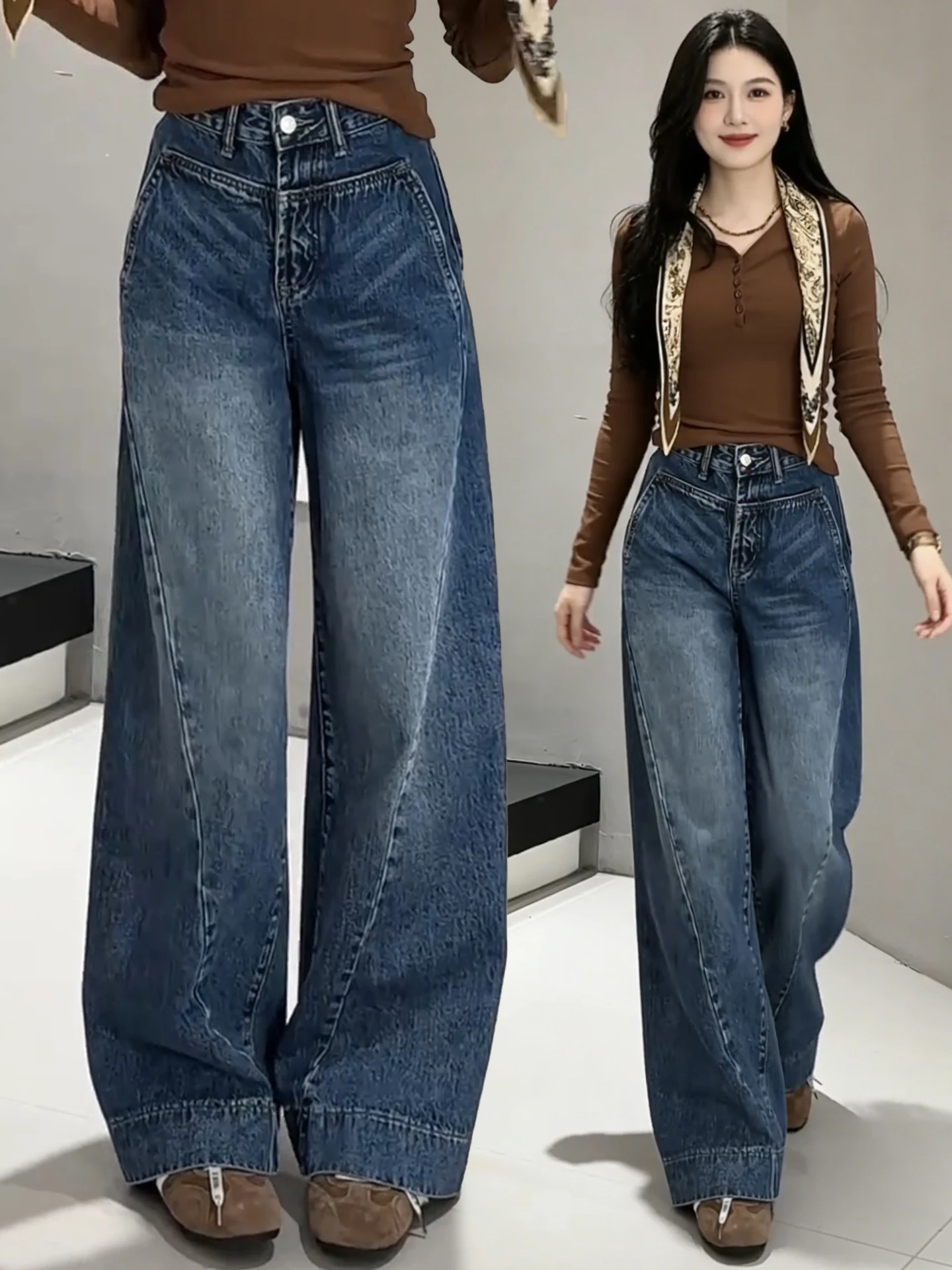 

High Waist Fleece Lined Wide Leg Jeans Women's Spring Autumn Winter Loose Vintage Straight Cut Trousers Casual Cotton Blend