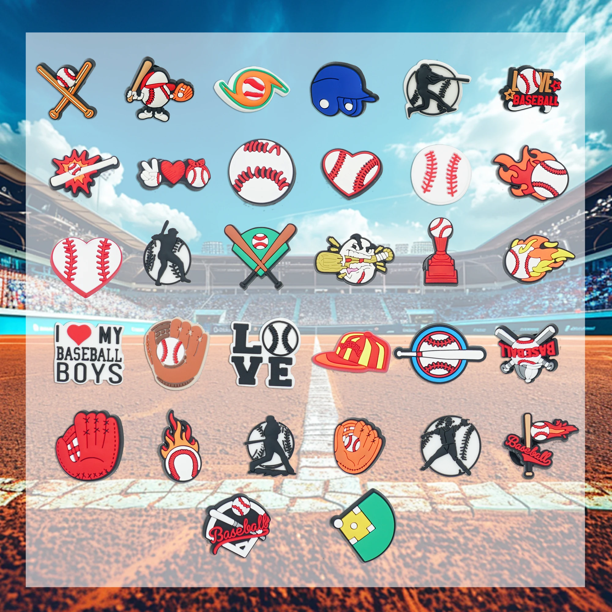 32 pcs/lot Baseball Shoe Charms - Featuring Cap, Ball, Bat & Glove Designs Shoe Decorations Shoe
