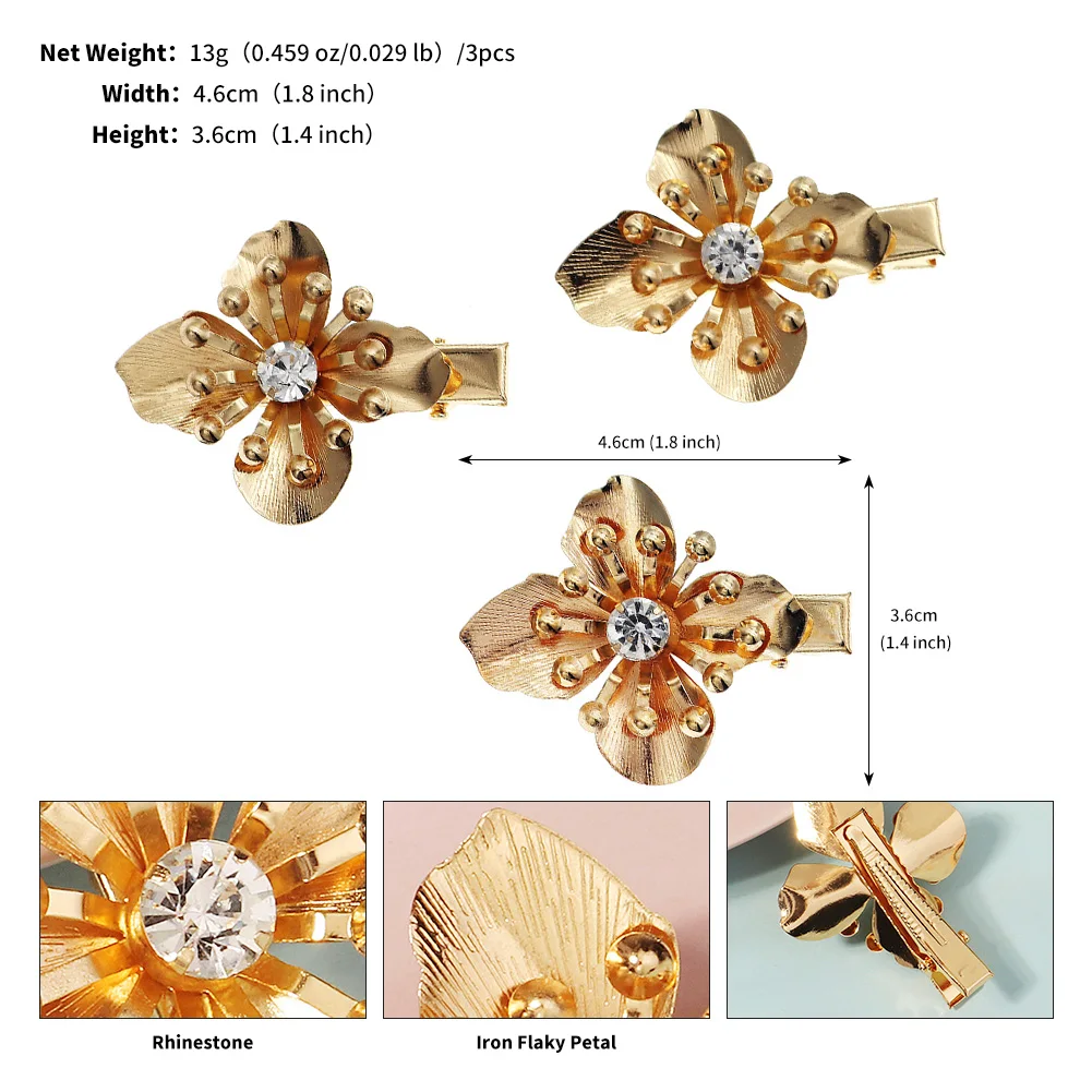 3PK Gold Alloy Metal Flower Hair Clips for Women and Girls Barrettes Set with Rhinestones Delicate Hair Clips Headdress Gift