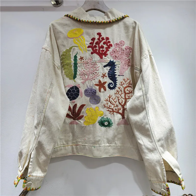 Chaqueta vaquera azul de algodón con bordado Floral bohemio para mujer, abrigos de manga larga para primavera y otoño, prendas de vestir, abrigo informal