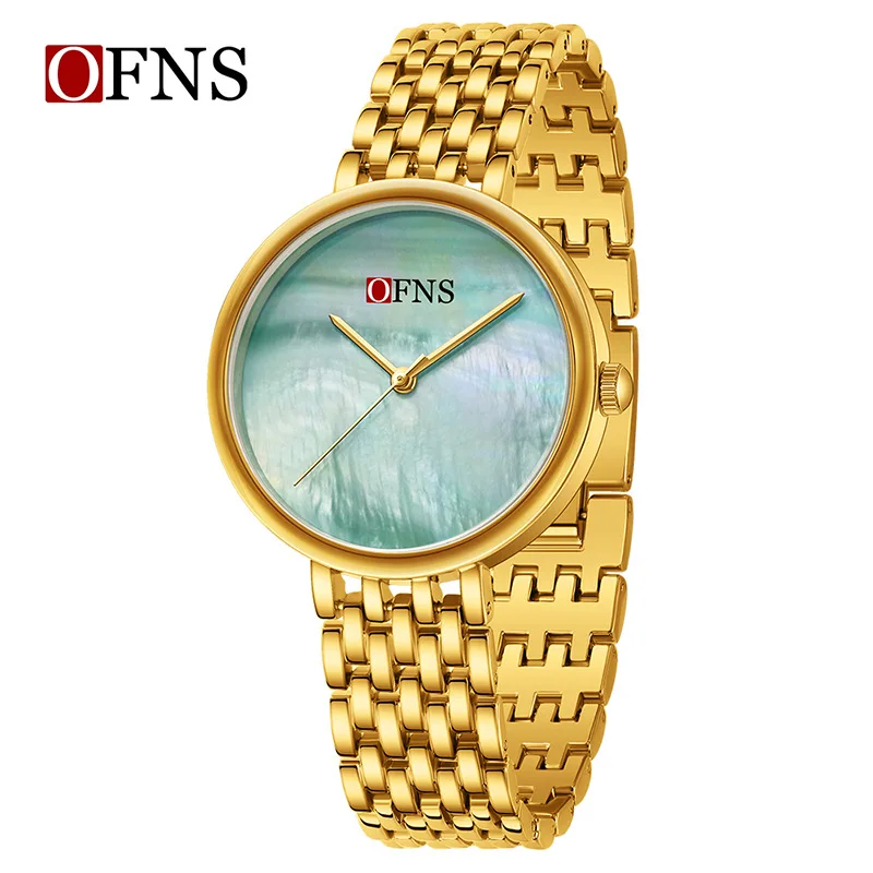 Ofns Simple Stylish Ladies' Quartz Watch Small Dial Three Hands Mother-of-pearl Face No Scale Elegant Steel Women's Wrist Watch