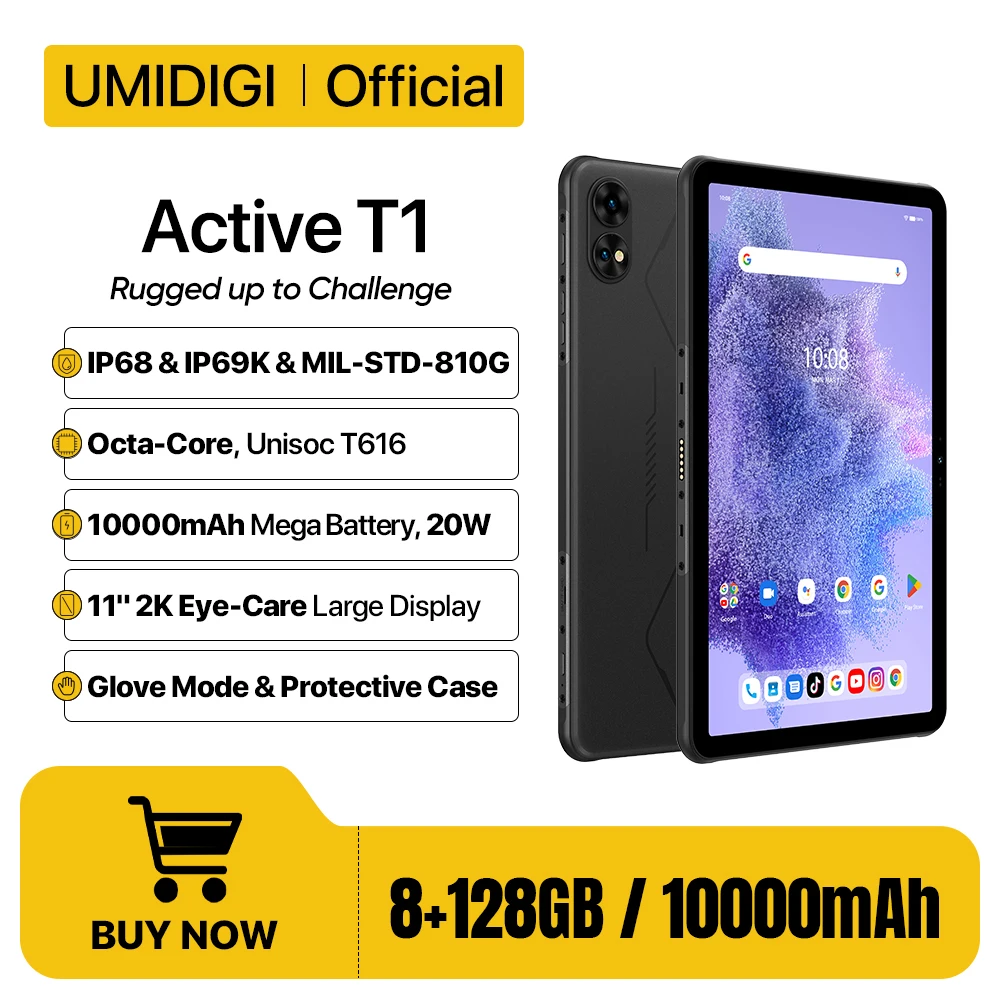 تابلت IP68، IP69K أندرويد UMIDIGI Active T1 تابلت متين Unisoc T616 11 "2K HD أندرويد 13 8GB 128GB 10000mAh بطارية ميجا 20W