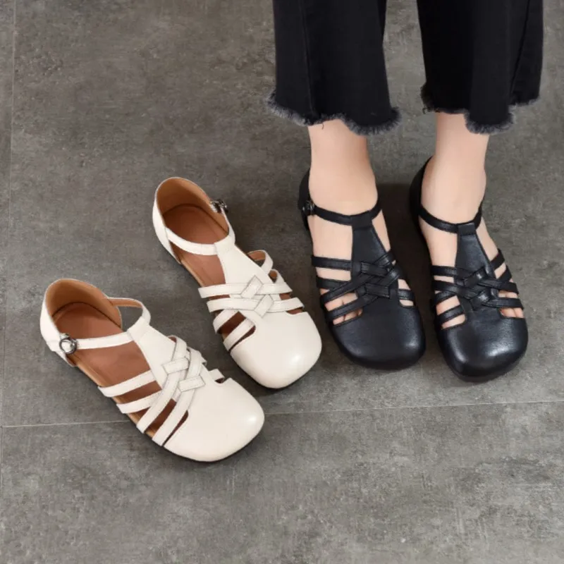 2026 Summer New Genuine Leather Hollow-out Round Toe Flat Sandals Breathable Soft Soled Versatile Women's Shoe