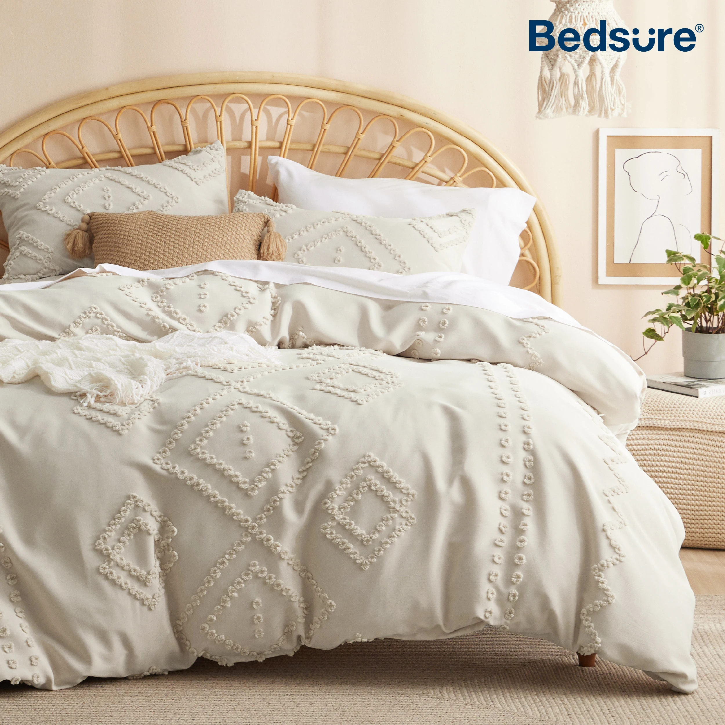 Bedsure Boho Comforter Set - Tufted Bedding Set, Farmhouse Shabby Chic Embroidery Bedding Set, Twin, Full, Queen, King，Cal King