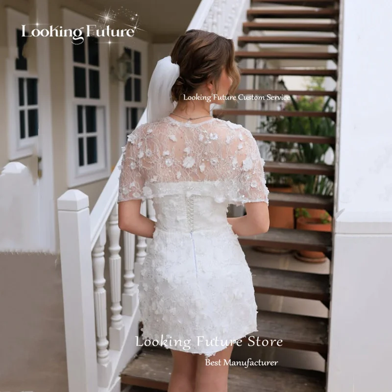 Customized Luxury Mini White Lace Appliques Wedding Dress Illusion Sleeveless O-Neck Sexy Open Back Beading Short Bridal Dress