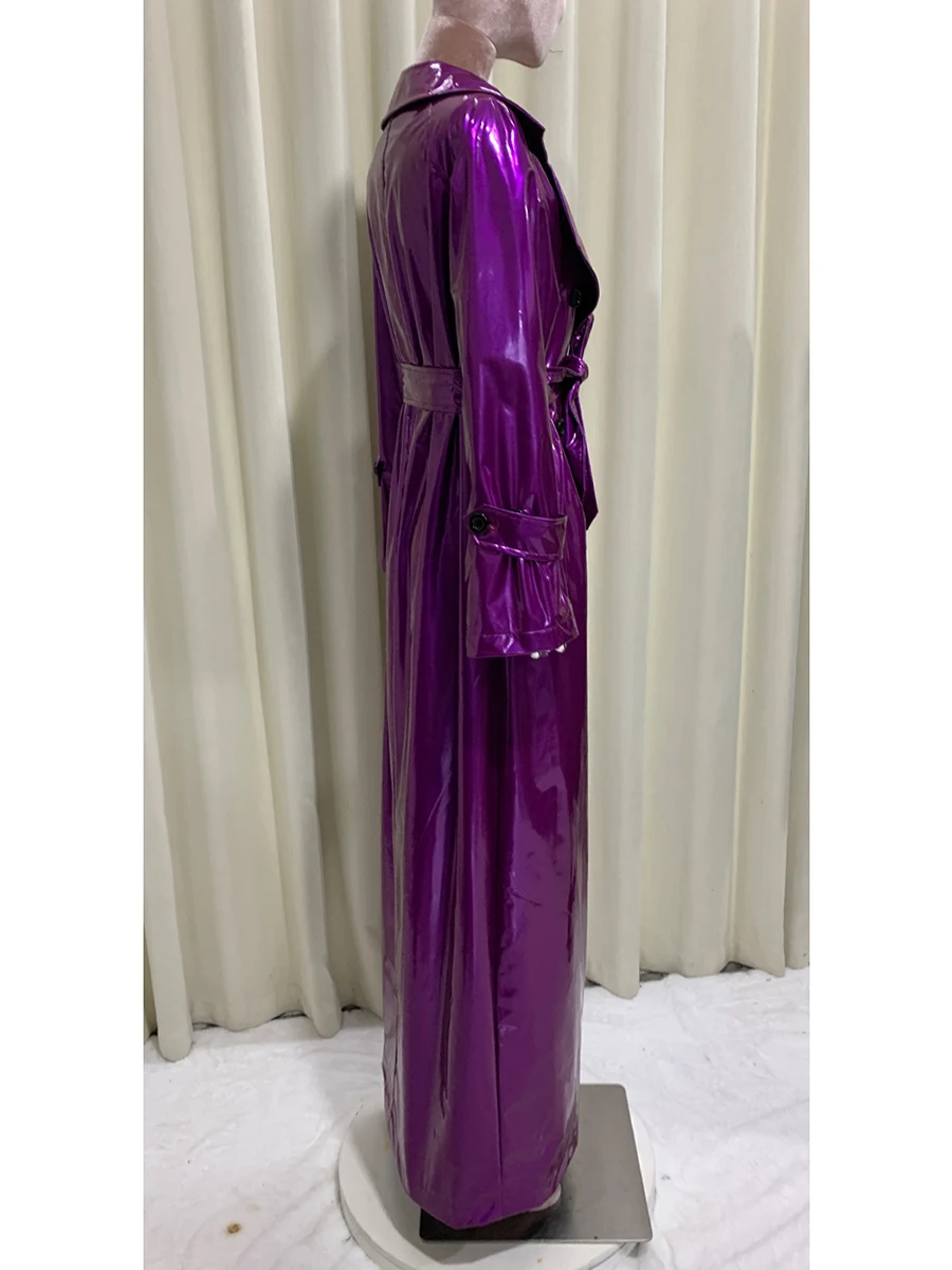 Spring Autumn Extra Long Shiny Reflective Soft Thin Bright Purple Faux Leather Coat Women Luxury Designer Floor Length Clothes