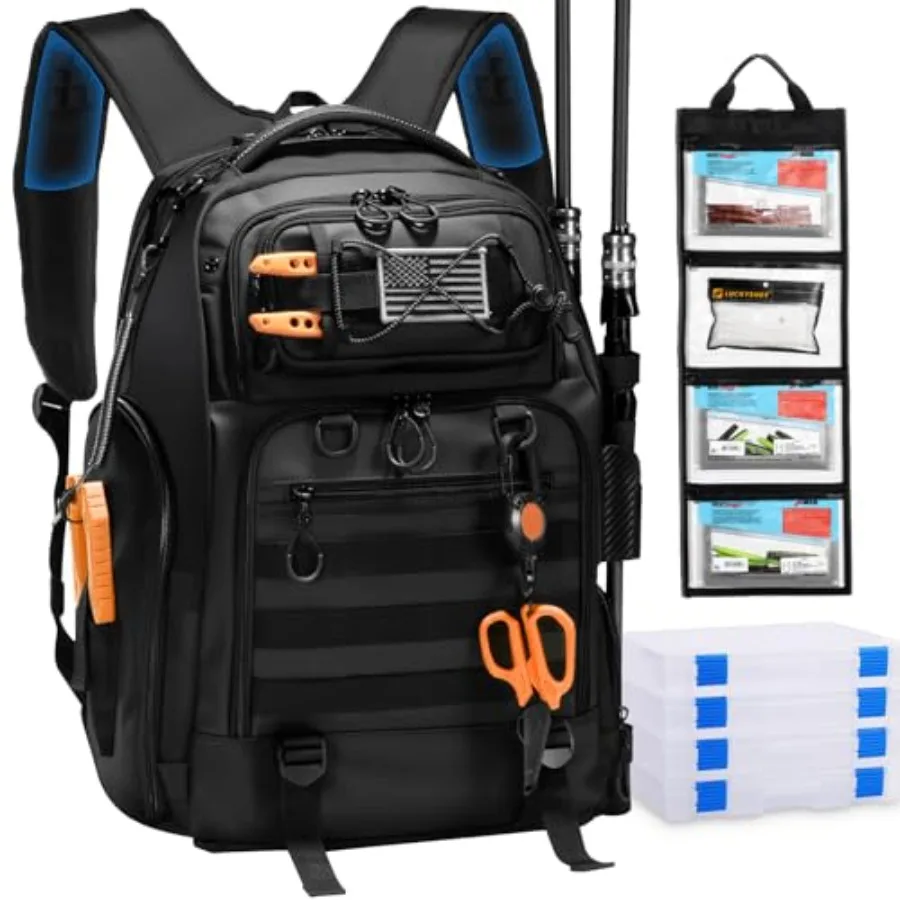 

50L Fishing Tackle Backpack with Removable Lure Wraps,Include (4) 3600 Tackle Boxes, 2 Rod Holders Storage Fishing Gear and Equi