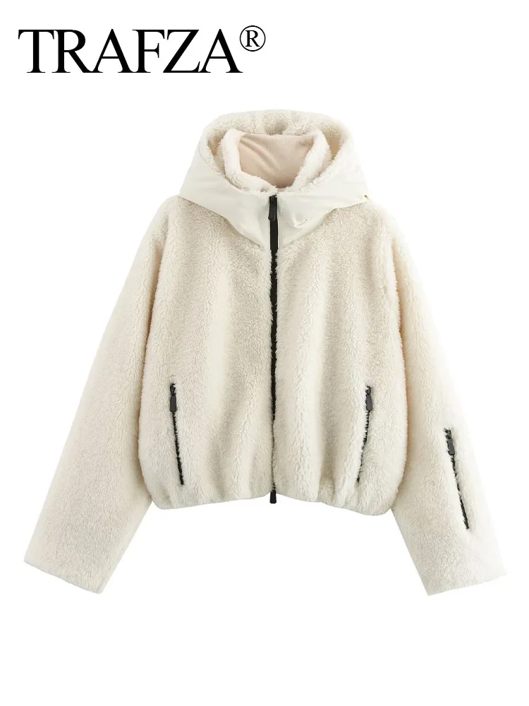 

TRAFZA Women's 2025 Spring Fashion Solid Technical Fleece Jacket Hooded Jacket Female Zipper Pocket Windproof Warm Thick Coat