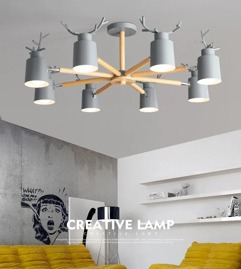 Scandinavian log chandelier living room bedroom ceiling pendant light fixtures kitchen ceiling lighting deer design e27 light