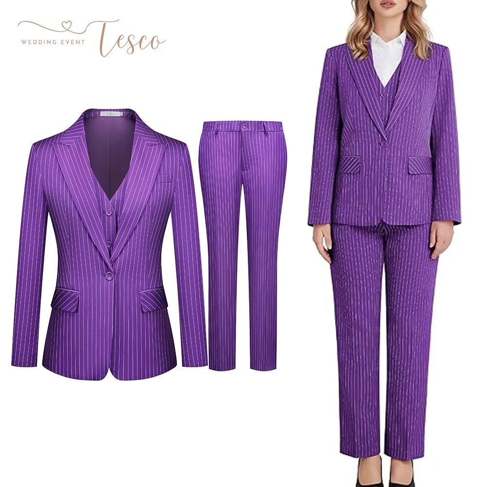 Tesco Customized Women's 3 Piece Suit Striped One Button Slim Fit Business Work Professional Blazer Jacket Vest Pants Set