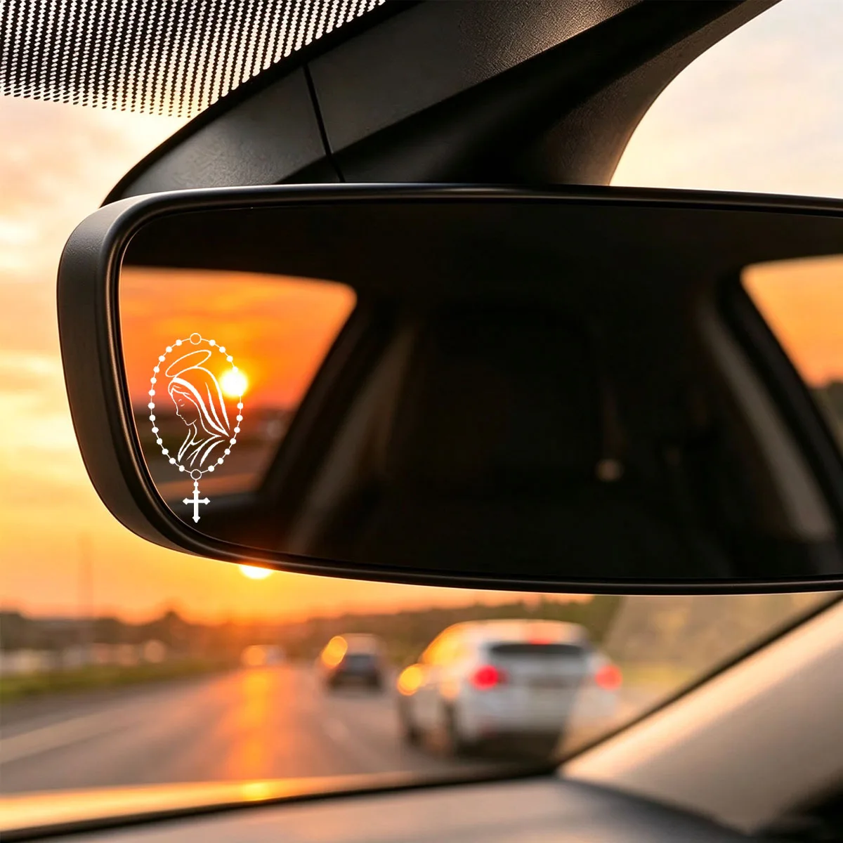 Virgin Mary Rosary Cross Car Sticker, Religious Faith Decal for Car Rearview Mirror Window, Universal Fit