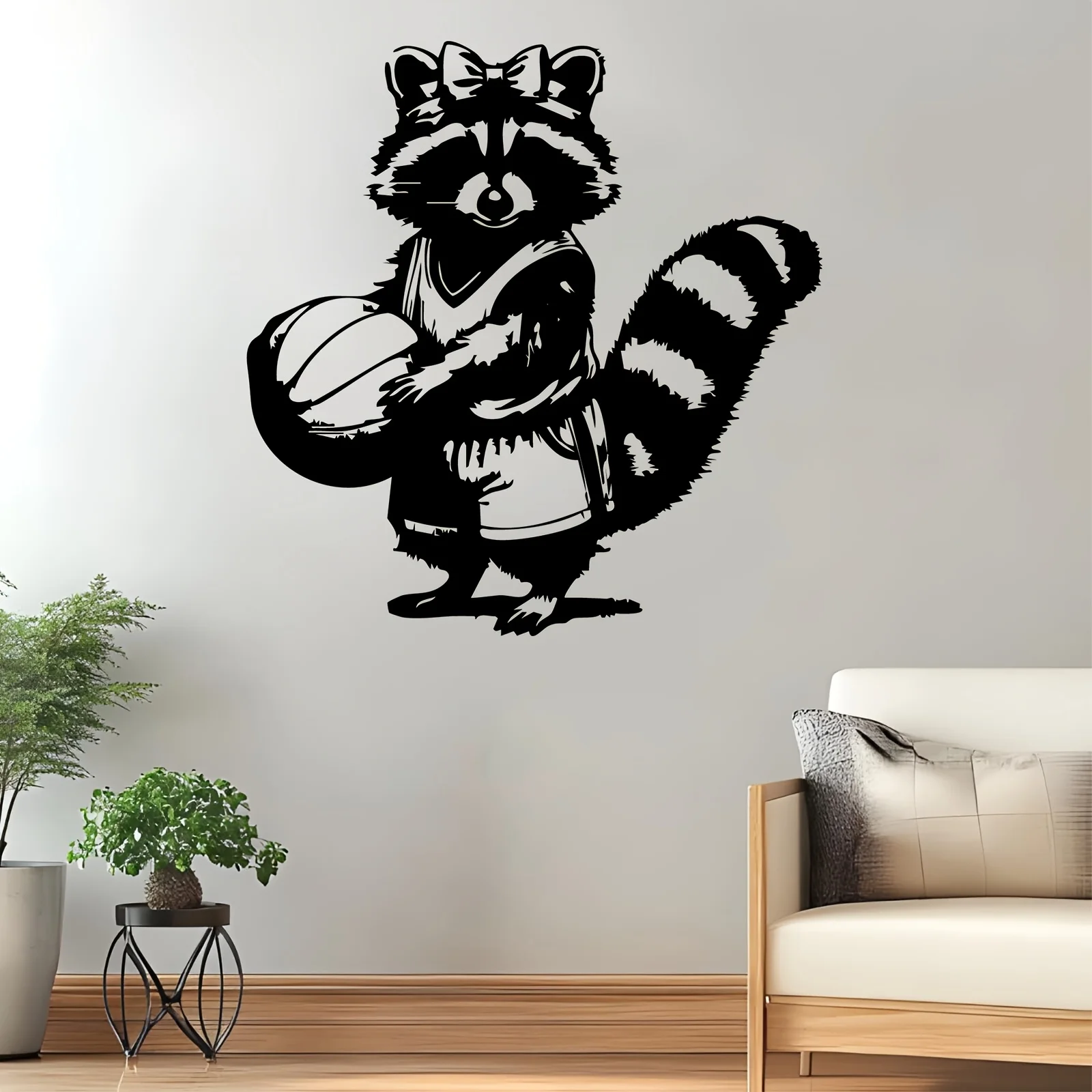 Basketball Raccoon Metal Wall Art,2D Flat Laser‑Cut Silhouette,Weather‑Resistant Iron Wall Mural,Patio Garden Fence Kids