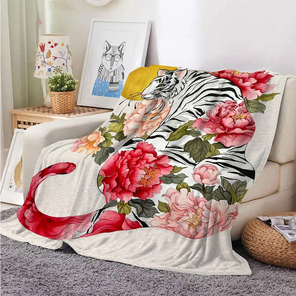 

HX Japan Ukiyoe Blanket White Tiger Floral Peony 3D Printed Flannel Throw Blankets For Beds Plush Quilt 200x150cm Portable