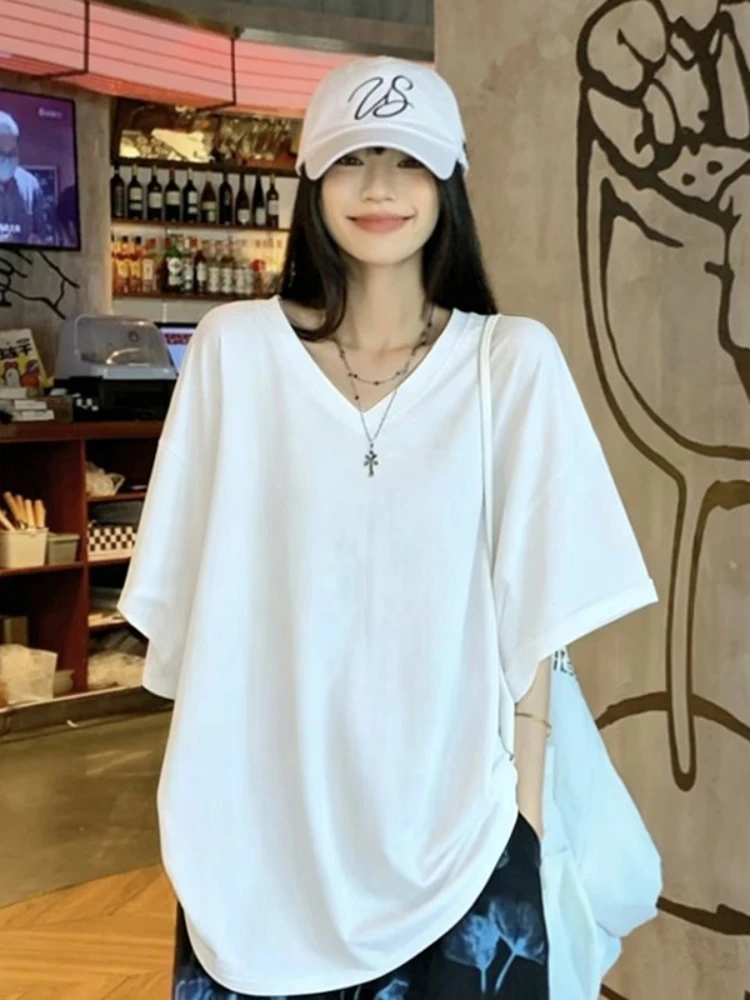 Ladies Loose Fit Short Sleeve T-Shirt V-Neck Black Summer Casual Wear Polyester Material Comfortable Breathable Sweat Absorbent