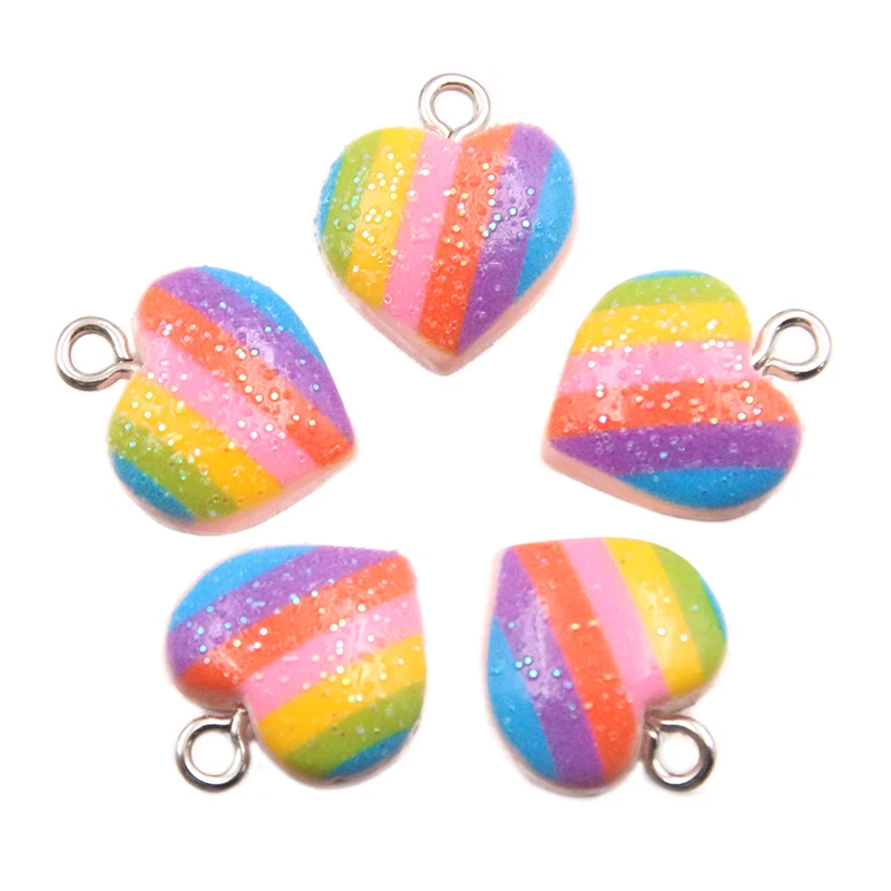 10Pcs 14*17mm Rainbow Color Heart Resin Earring Charms Diy Findings 3D Phone Keychain Bracelets Pendant For Jewelry Making