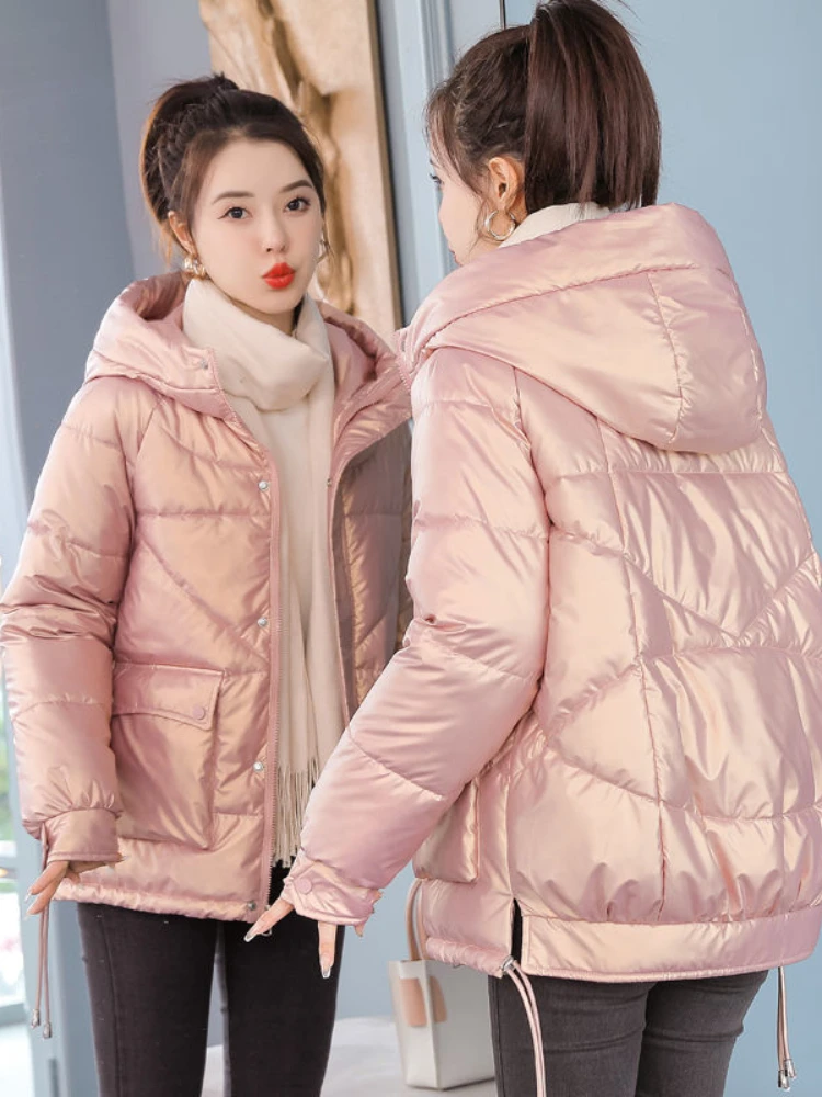 Chaqueta de invierno para mujer, Chaqueta de algodón brillante, Parka con capucha, chaqueta acolchada de algodón cálida, prendas de vestir